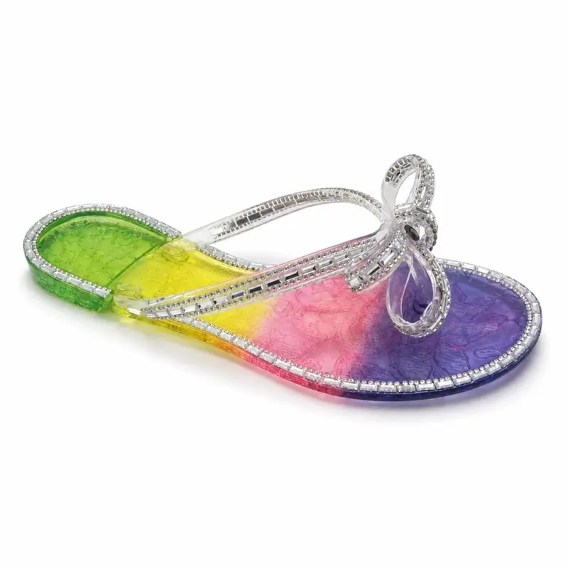 Women’s Crystal Bow Jelly Flat Sandals - Rainbow Rhinestone Flip Flops, Clear Slip-On Beach Shoes