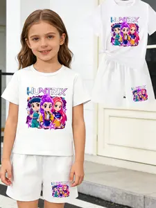 Girls' Summer Huntrix Cartoon Print Short Sleeve T-Shirt & Shorts Set, Trendy Casual for Kids, Perfect for School and Playtime