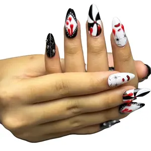 Monochrome Jester Press On Nails Chrome Spider Web Gothic Nail Art Glossy Green & Black Spiral Design for Retro Vibes Easy Application Versatile Design Safe Durable Y2K Era Style