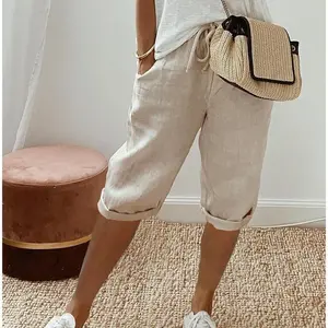 Cute Outfits Summer 2026 New Women's Cotton and Linen Pocket Elasticated Slacks Shorts