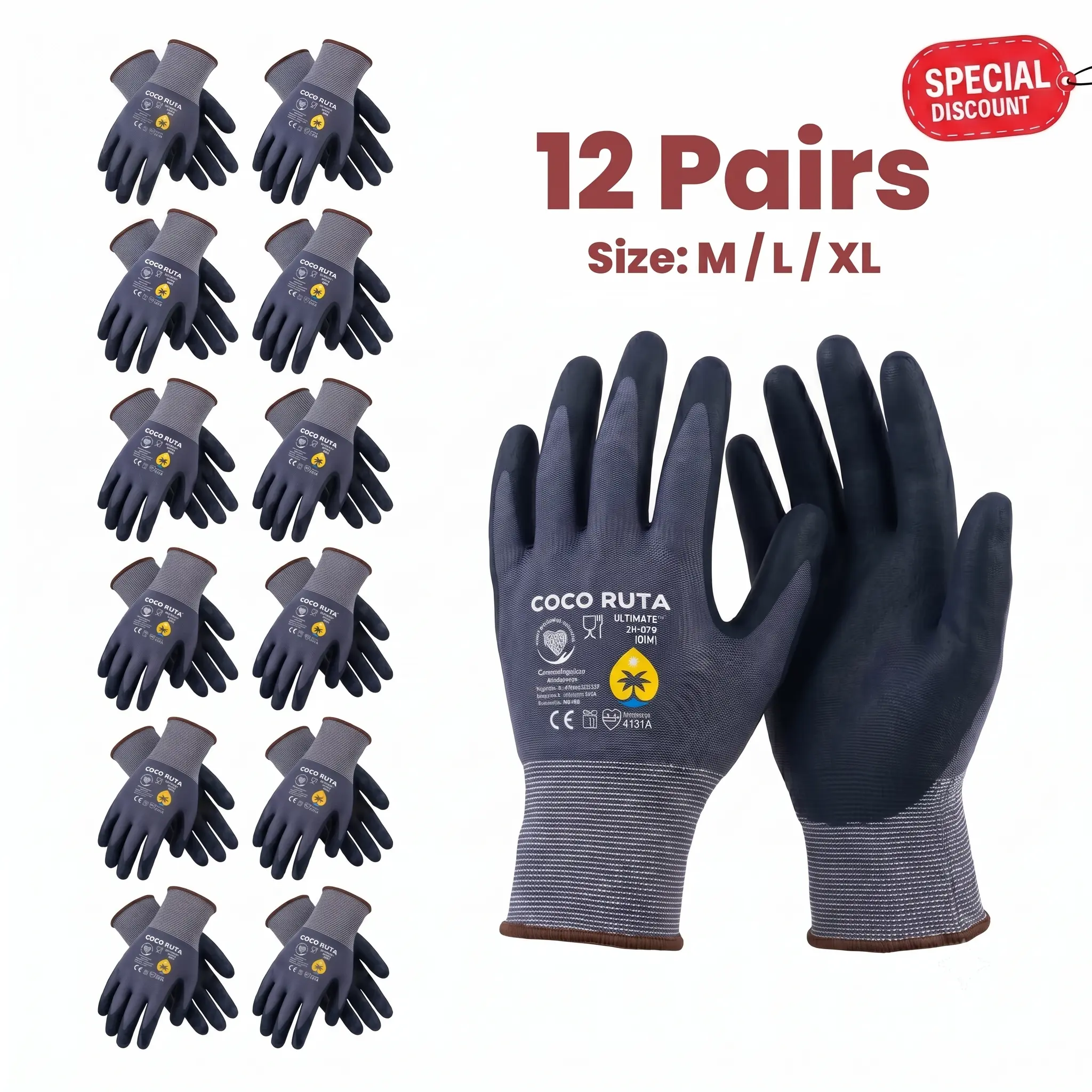 12 Pares Guantes Para Trabajo - Coco Ruta Foam Work For Men - Enhanced Grip Nitrile Gloves Coated