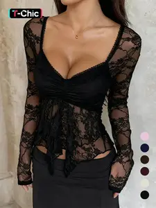 Elegant Lace Long Sleeve Top, Women's Fashionable Blouse, Stylish Hollow Out Design, Perfect for Casual Wear, All Seasons, Slim Fit, Womenswear, Chic