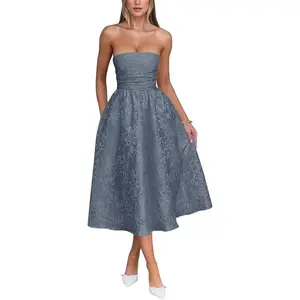 Satin Floral Jacquard Prom Dress for Women Strapless Corset Tea Length Formal Cocktail Evening Gowns
