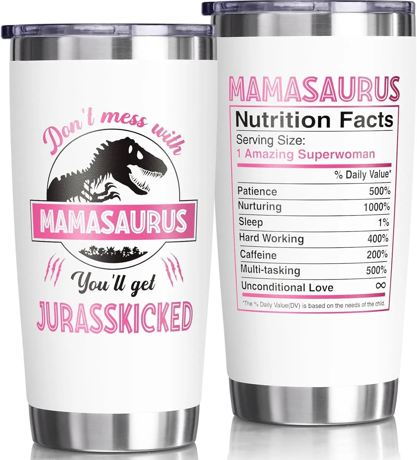 Funny Mamasaurus Tumbler, Mom Nutrition Facts Cup, Dinosaur Mom Gift, Cute Pink Mom Mug, Mother’s Day Gift Idea
