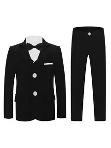 Boys Performance 4 Piece Set Suits, Blazer + Vest + Trousers + Bow Tie, Loose & Unrestrictive, Total Showstopper for Stage, Presentations & Formal Events, No Shirt Included--23802