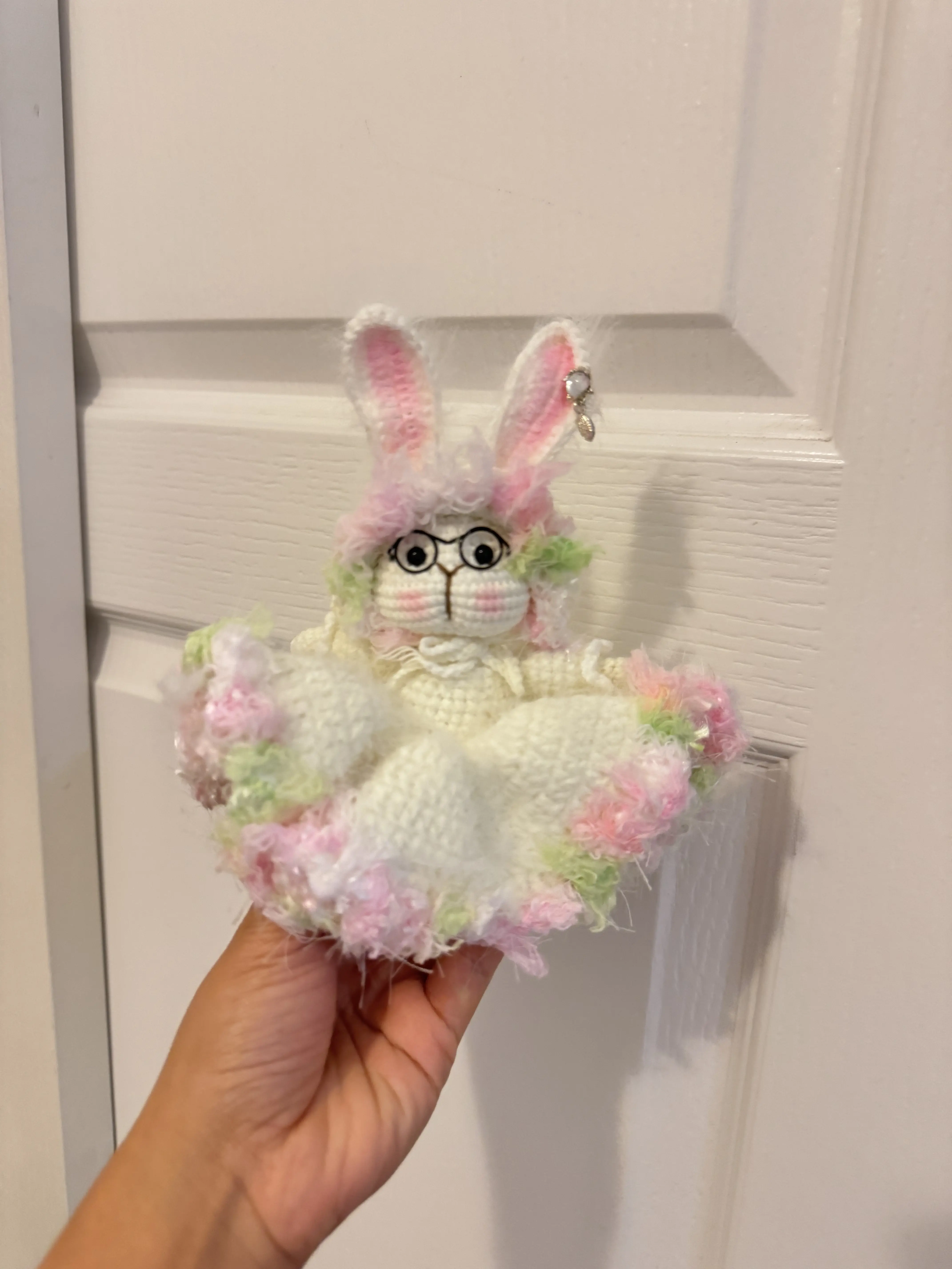 Handmade Crochet Bunny Plush – Cute Rabbit Doll with Glasses & Fluffy Dress