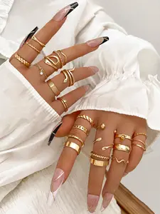 24pcs Bohemian Geometric & Snake Shaped Minimalist Fashion Rings Set, With Inlaid Rhinestone