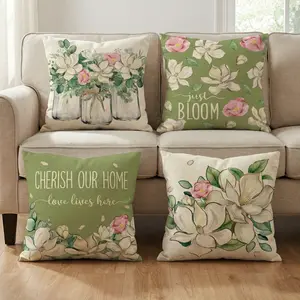 Set of 4 Decorative Spring Wreath Pillow Covers - Magnolia Floral Bless Home Linen Cushion Case for Farmhouse Decor Room Bedroom Decorative Accessories Sofa Chair Car 0201YN