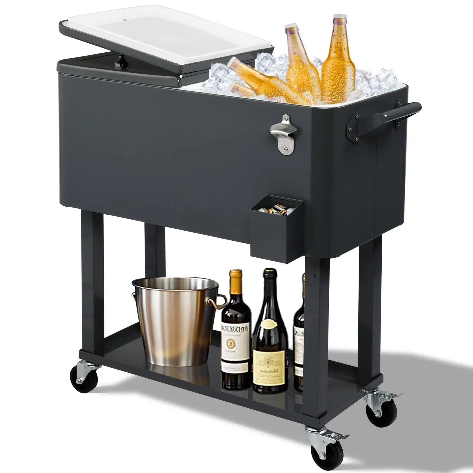 【Summervibes】UBesGoo 80 Quart Patio Cooler Rolling Cooler Ice Chest with Shelf, Wheels and Bottle Opener, Portable Patio Party Drink Cooling Cart