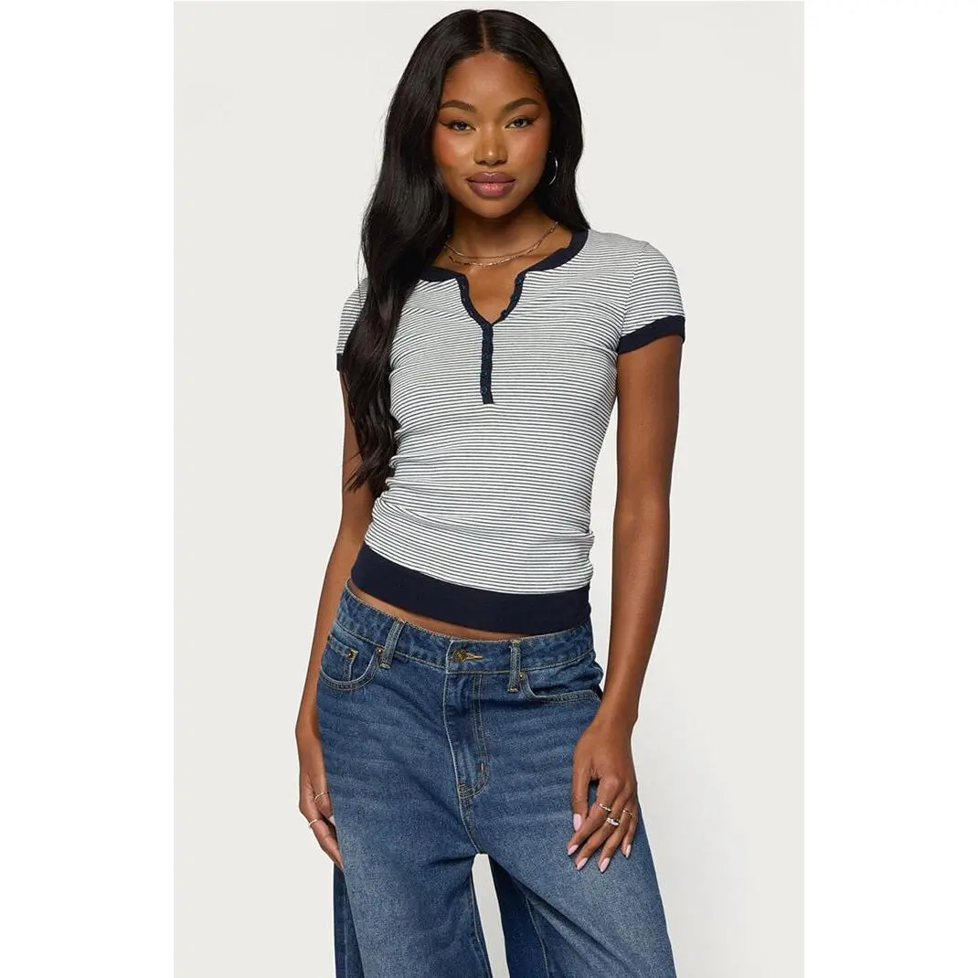 Edikted Women's Regin Striped Ribbed Henley Top