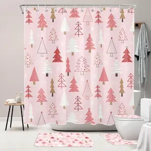 4PCS Pink Christmas Tree Bathroom Decor Waterproof Shower Curtain Set with Rugs Pine Tree Snowflake Shower Curtain Xmas Holiday Bathroom Carpet Bath Mat and Toilet Rugs