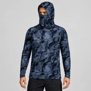 Men’s Blue Abstract Camo Sun Protection Hoodie Shirt, UPF 50+ Long Sleeve UV Fishing Outdoor Cooling Shirt