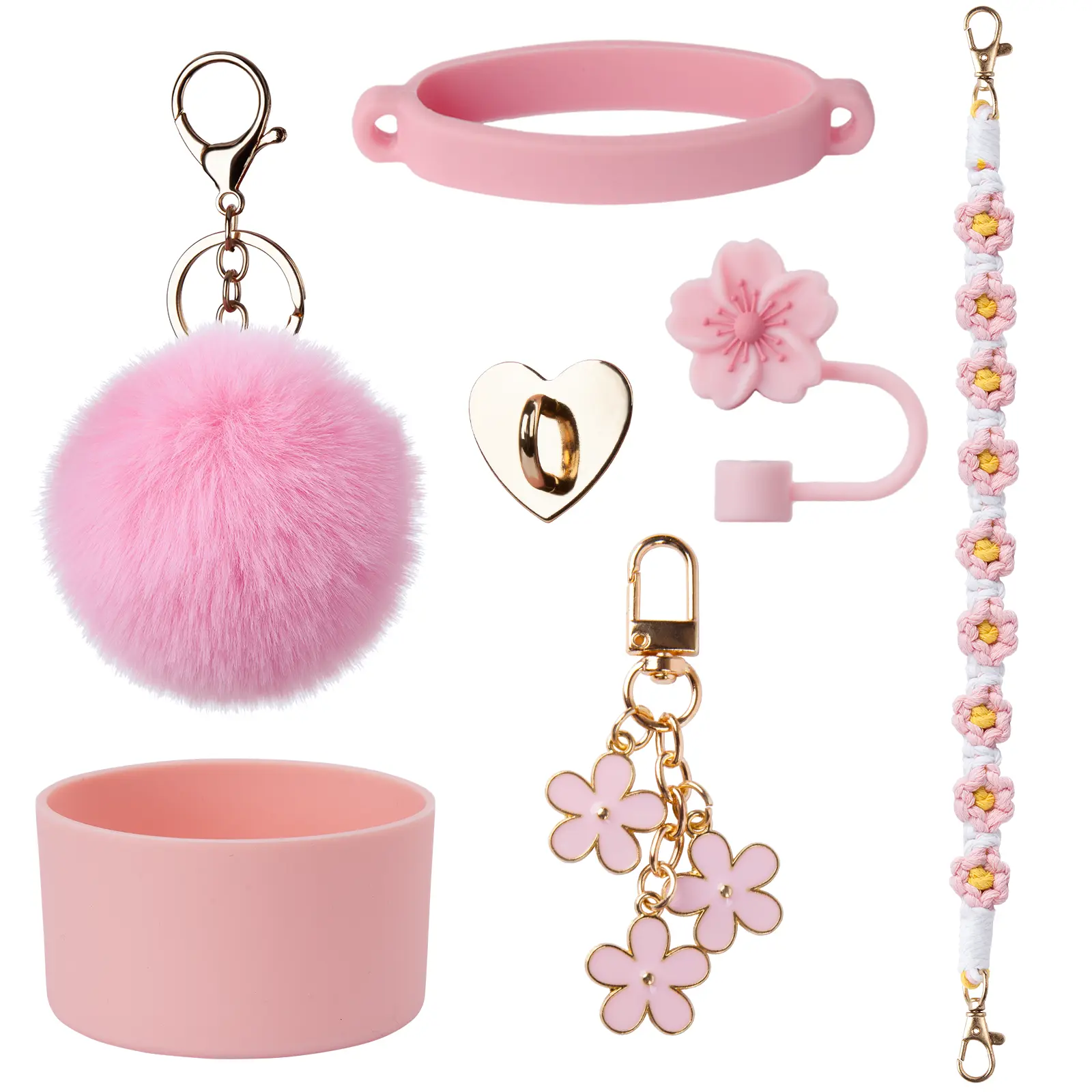 7 Pcs Cute Tumbler Accessories Set for 40 Oz Stanley Cup – Bohemian Floral Strap, Pom Pom Charm, Straw Cover, Silicone Boot & Ring – Aesthetic Cup Decor for Women Girls, No Cup Included