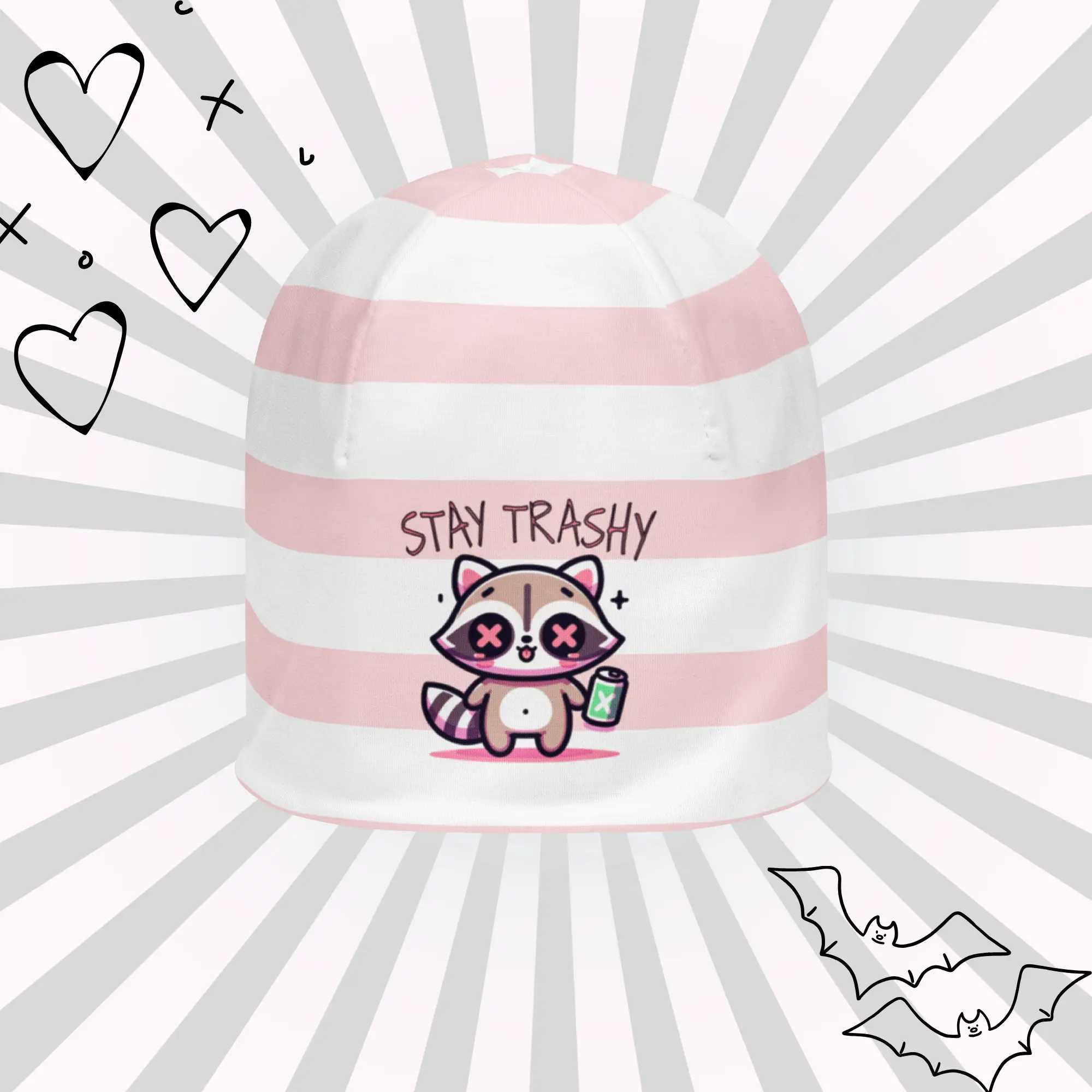 DreamSage Stay Trashy Raccoon Striped Beanie - 95% Polyester 5% Spandex Double-layered Regular Fit OEKO-TEX 100 Certified Ethically Sourced