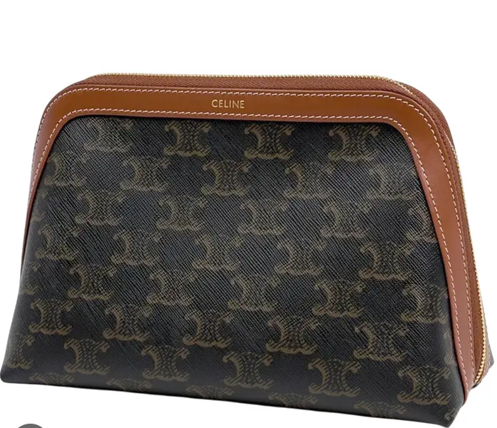 Pre-owned Celine leather Clutches & Wristlets Triomphe Canvas Calfskin Small Cosmetic Pouch Tan 4000035835185