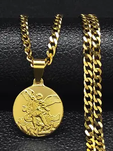 Archangel Saint Michael Stainless Steel Cuban Link Chain Necklace for Women/Men Gold Color Pendant Necklace