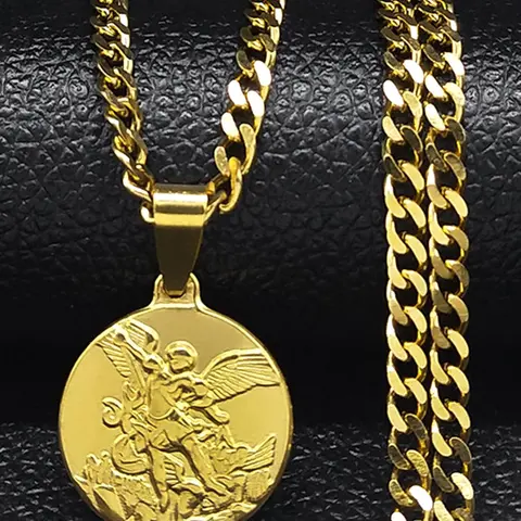 Archangel Saint Michael Stainless Steel Cuban Link Chain Necklace for Women/Men Gold Color Pendant Necklace Cuban Link Design Faith Necklace Chain Jewelry