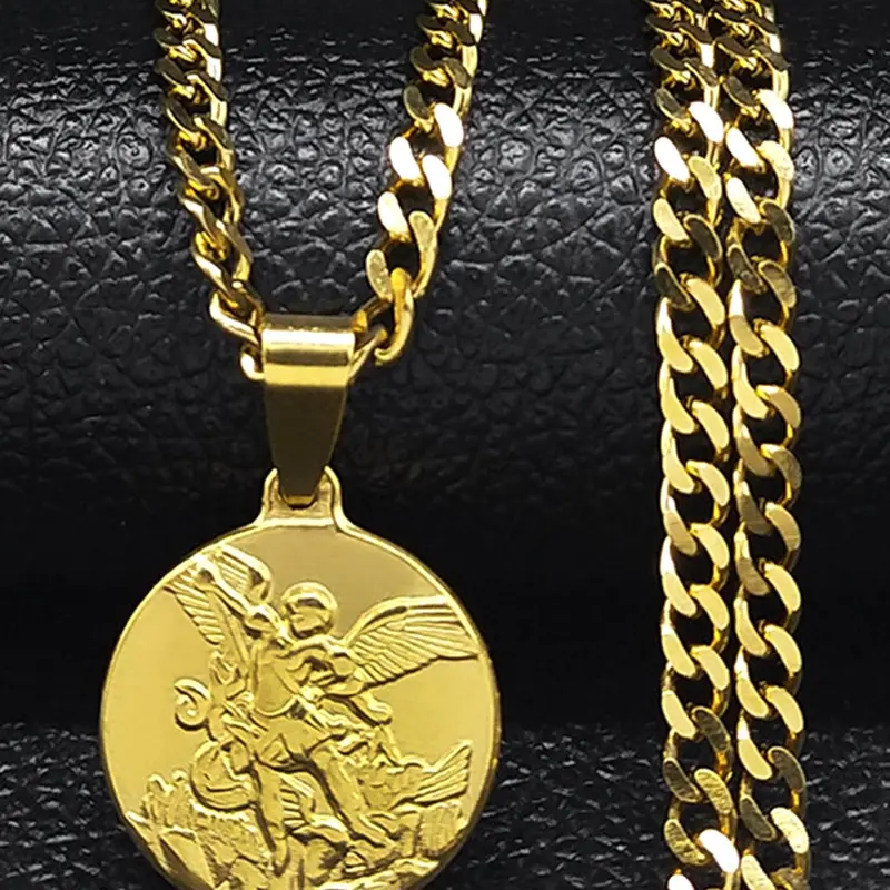Archangel Saint Michael Stainless Steel Cuban Link Chain Necklace for Women/Men Gold Color Pendant Necklace Cuban Link Design Faith Necklace Chain Jewelry