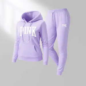 Women's Pink Heart Print Hair And Sunglasses Hoodie And Drawstring Track Pants Set, Casual Sportswear, Long-Sleeved Hooded Jacket And Pants, Suitable For Autumn And Winter, Everyday Wear, Indoor And Outdoor Sportswear, Casual Sportswear. Purple