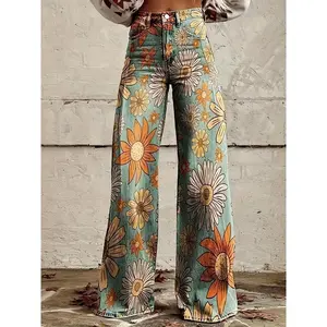 Women's Vintage Classic Daisy Pattern High-Waisted Washed Jeans, Casual Washed Denim Cotton Blend Fabric Jeans, Fashionable Spring Summer Thin Jeans