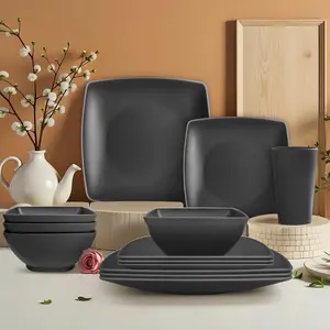 Teivio 16-piece Plastic Wheat Straw Square Dinnerware Set for 4, Unbreakable Dinner Plates, Salad Plates, Snack Bowls, Tumblers 20 oz, Dishwasher Safe