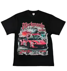 Meckmanly Men's Retro Cotton 300GSM Oversized Short-Sleeve Round Neck Digital Supercar City Print Streetwear Casual Graphic T-Shirt