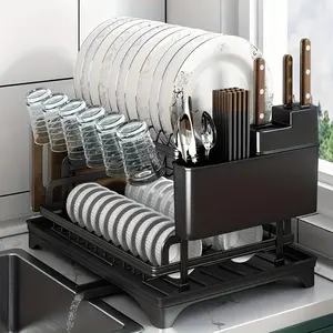[Rustproof Dish Rack] 2-Tier Rustproof Metal Dish Drying Rack with Drainboard |   Utensil & Cup Holder, Cutting Board Storage, Space-Saving Black Countertop Drainer for Modern Homes