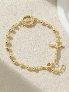 1pc Fashionable Casual Cross Copper Round Bead Zircon Virgin Mary Bracelet with Feminine Temperament, Versatile Daily Prayer Bracelet, Pretty Bracelet, Beaded Bracelet, Jewelry Gift, Beaded Cross Bracelets