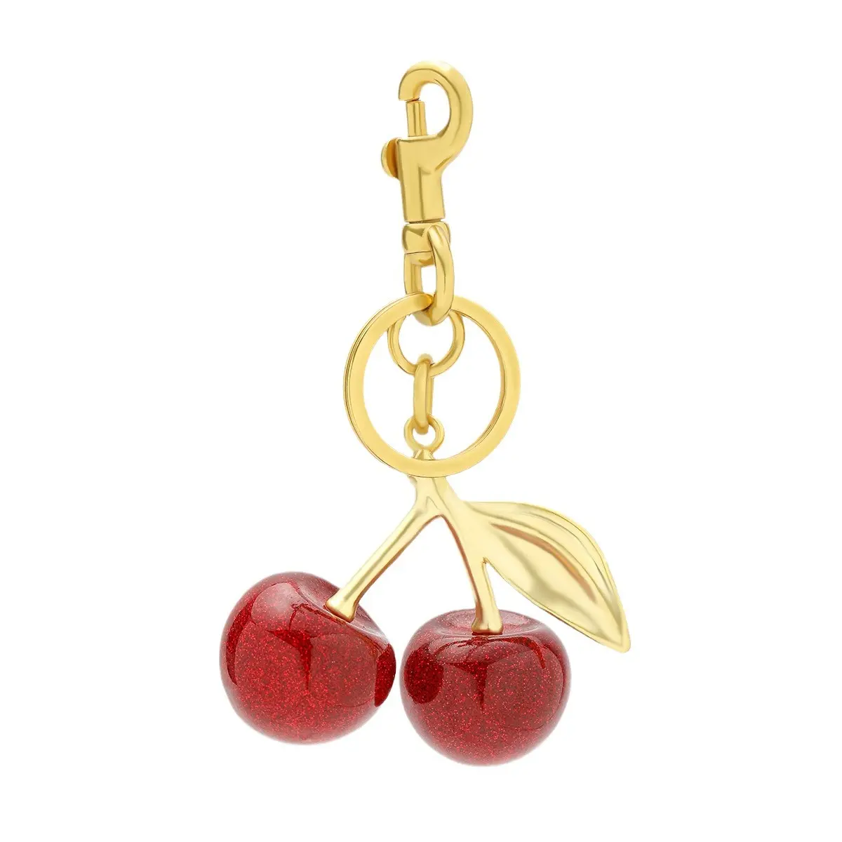 Cute Cherry Keychain - Sparkling Red Fruit Charm with Gold Metal Frame, Perfect for Bags and Keys