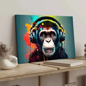 1Count Wooden Frame Canvas, Colorful Headphone Music Monkey, Exquisite Poster, Fashion Bedroom Decoration, Modern Art Home Poster, Modern Cool Design, Waterproof High Definition Printing, Ideal Gift, Art, Wooden Wall Art
