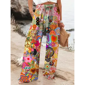 [Retro Hippie Pants] Bohemian Fashion Women's Straight Leg Pants | Retro Hippie Peace and Love Fruit and Vegetable Digital Print, Adjustable Belt, Machine Washable, Comfortable Fabric, Breathable Material, Loose Fit, Four Seasons Casual Pants