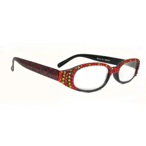 Isabella, (Bling) Reading Glasses Women W (Full Top) (L. Siam, Olivine Green) Genuine European Crystals (Red) NY Fifth Avenue (Wide Frame)