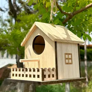 Wooden Parrot Nesting Box with Fence, Eco-Friendly Outdoor Bird House, Handmade Garden Decoration, All Seasons Use, Vintage Wooden Birdhouse