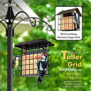 iBorn Double Suet Feeder for Outside Hanging Weatherproof Suet Feeders with Taller Grid for Woodpecker All Metal Black Easy to Clean Refill