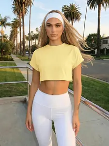Fluxe Solid Color Knit Round Neck Short Sleeve Loose Cropped T-Shirt for Summer Top and High Search Trendy Fashion