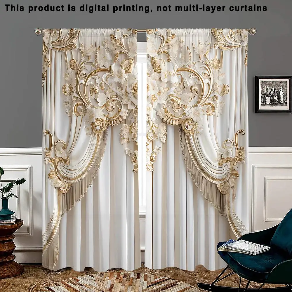 3D Luxury European Visual Simulation Printed Curtain, 2 Counts/set Modern Home Decoration Curtain, Privacy Protection Window Blocking for Home Living