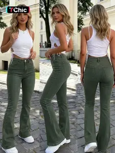 GILIPUR Women's Light Blue Washed High Waist Flare Jeans, Button Closure Fitted Slim Fit Tummy Control High Stretch Classic Bell Bottom Denim Pants, Vintage Casual Streetwear Daily Commute Outfits for Women TChic