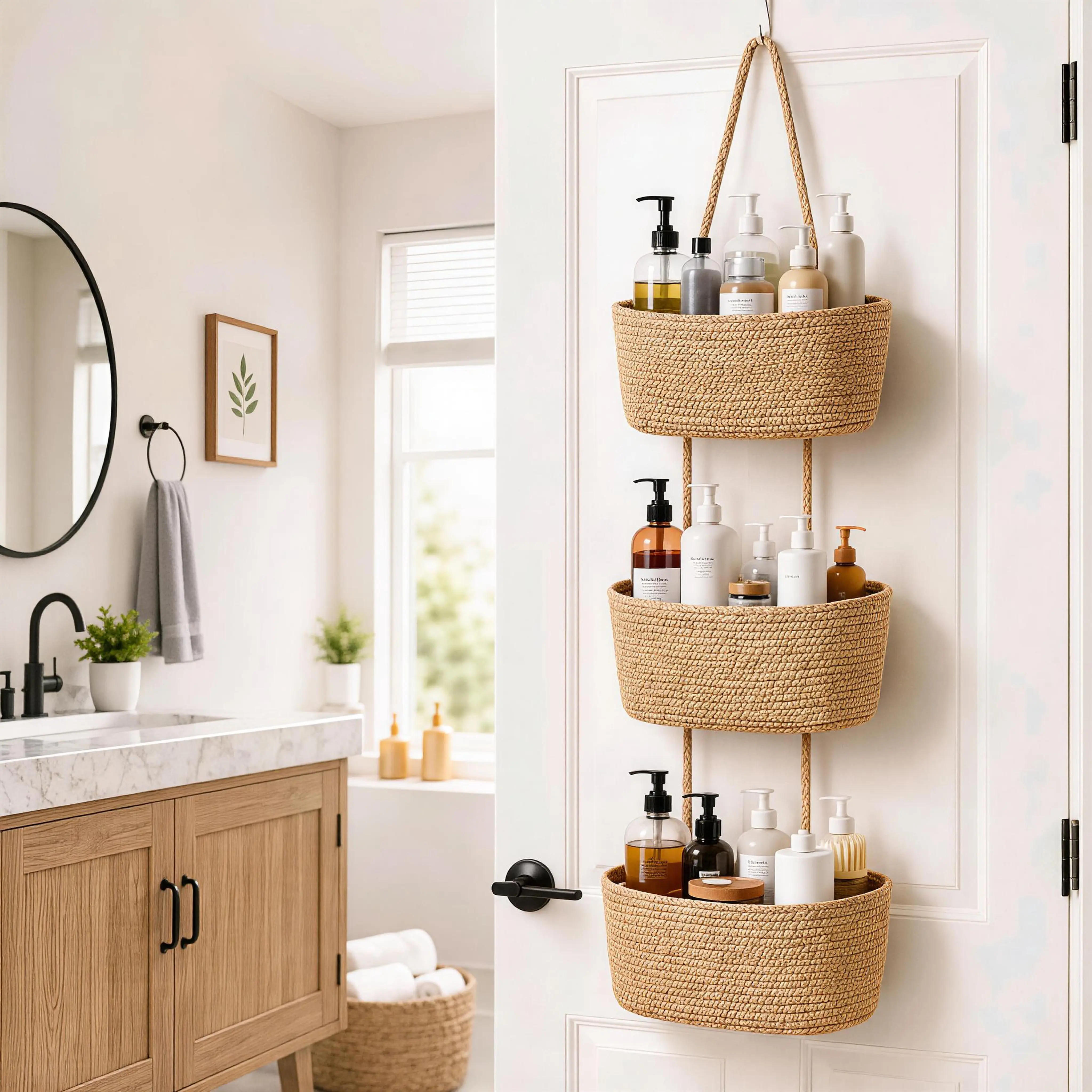 Cotton Yarn Woven 3-Tier Oval Multilayered Over-The-Door Storage Basket Organizer, Wall-Mount Jute Hanging Holder for Nursery Toys, Bathroom Laundry Use, Free Shipping