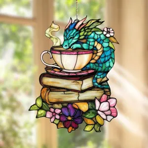 Book Dragon Handmade Artisan Resin Sun Catcher Stained Glass Effect Ornament Christmas Stocking Stuffers Window Hanging Suncatchers Bookish for Book Lovers Librarian Readers