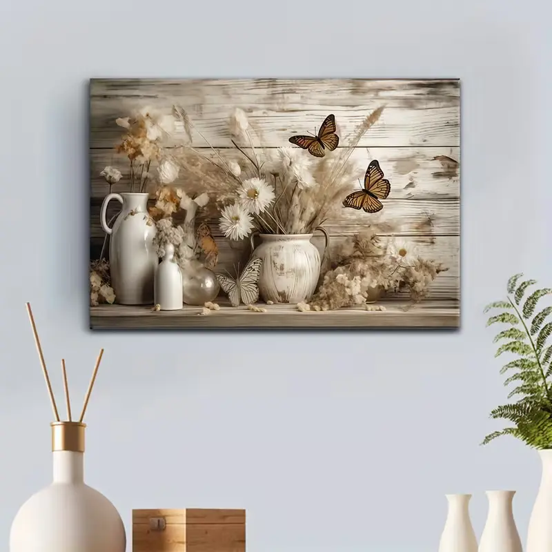 Framed Wood Canvas Wall Art "Every Day Is A Gift" - Vintage Daisy Butterfly Mason Jar Print, Farmhouse Floral Quote Decoration, 12x18in 2D Flat Ready-to-Hang Horizontal Poster for Living Room, Bedroom