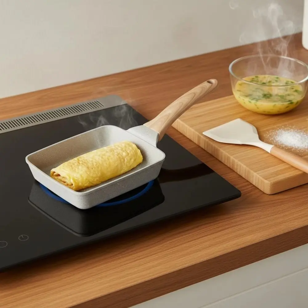 Japanese Tamagoyaki Pan Non-Stick Omelette Pan with Wood Grain Handle & Suitable for Breakfast, Suitable for Japanese Egg Roll, Crepes, Pancakes, Waffles - Hand Washable Cookware for Kitchen, Non-Coated Interior