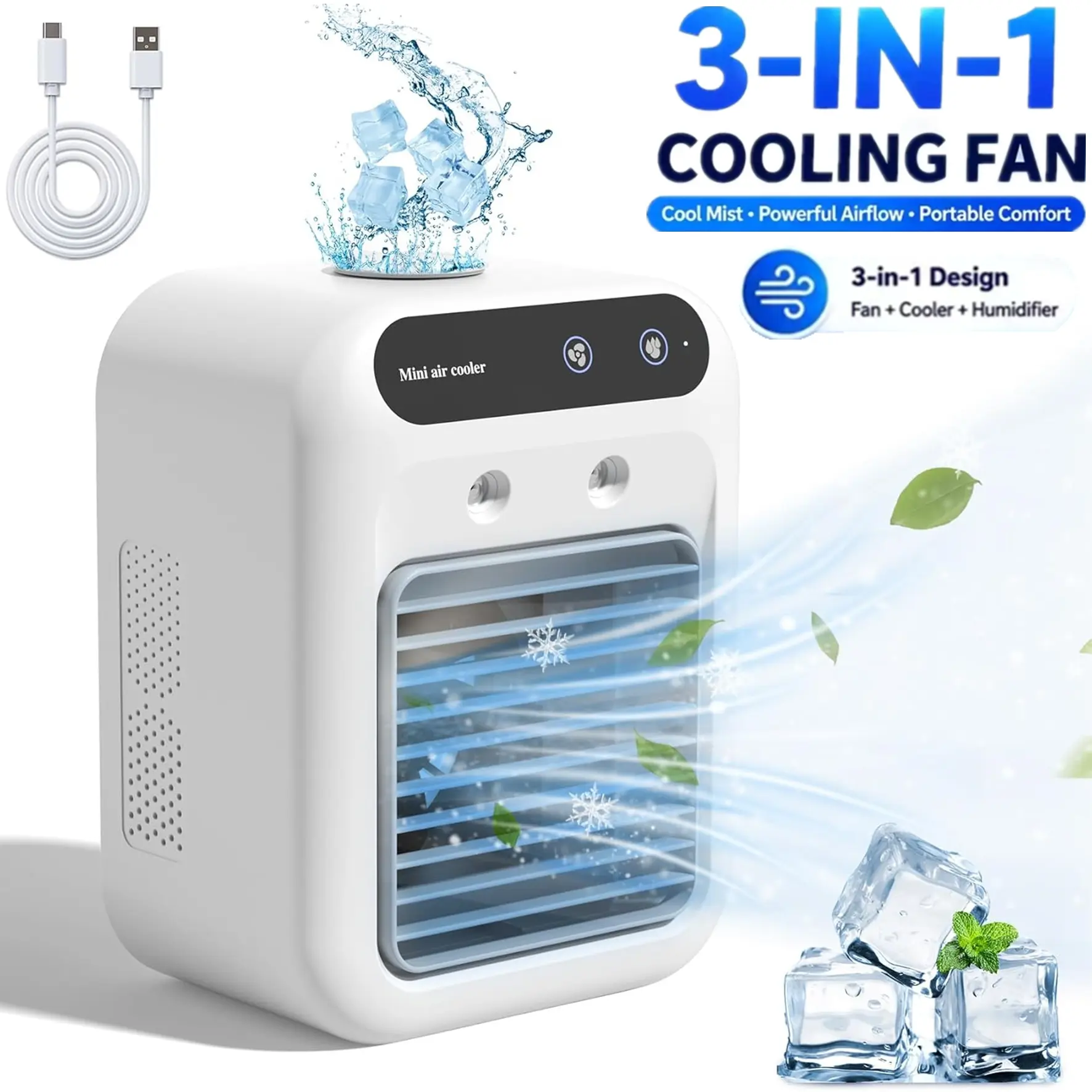 Portable Air Conditioner Air Cooler Fan USB Water Cooling Fan Air Conditioners For Room Office Bedroom Outdoor Portable Air Conditioner Cars Cool Air Spray Personal Air Humidifier Cooling Fan with 2 Speeds