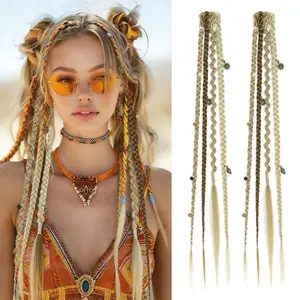 Women Boho Clip in Braided Hair Extensions with Beads Charms, Synthetic Dreadlock Hairpieces 16/20 Inch for Daily Cosplay, Burgundy & White