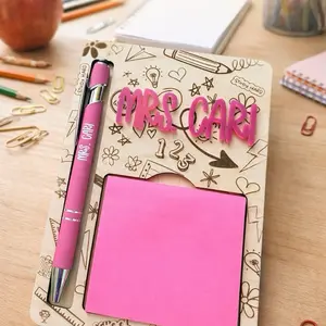 Personalized Teacher Engraved Wood Notepad Holder and Pen Set: Custom Desk Organizer