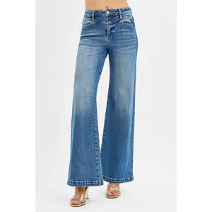 RISEN High Rise Wide Leg Jenas with Front Yoke and Heart Back Pocket