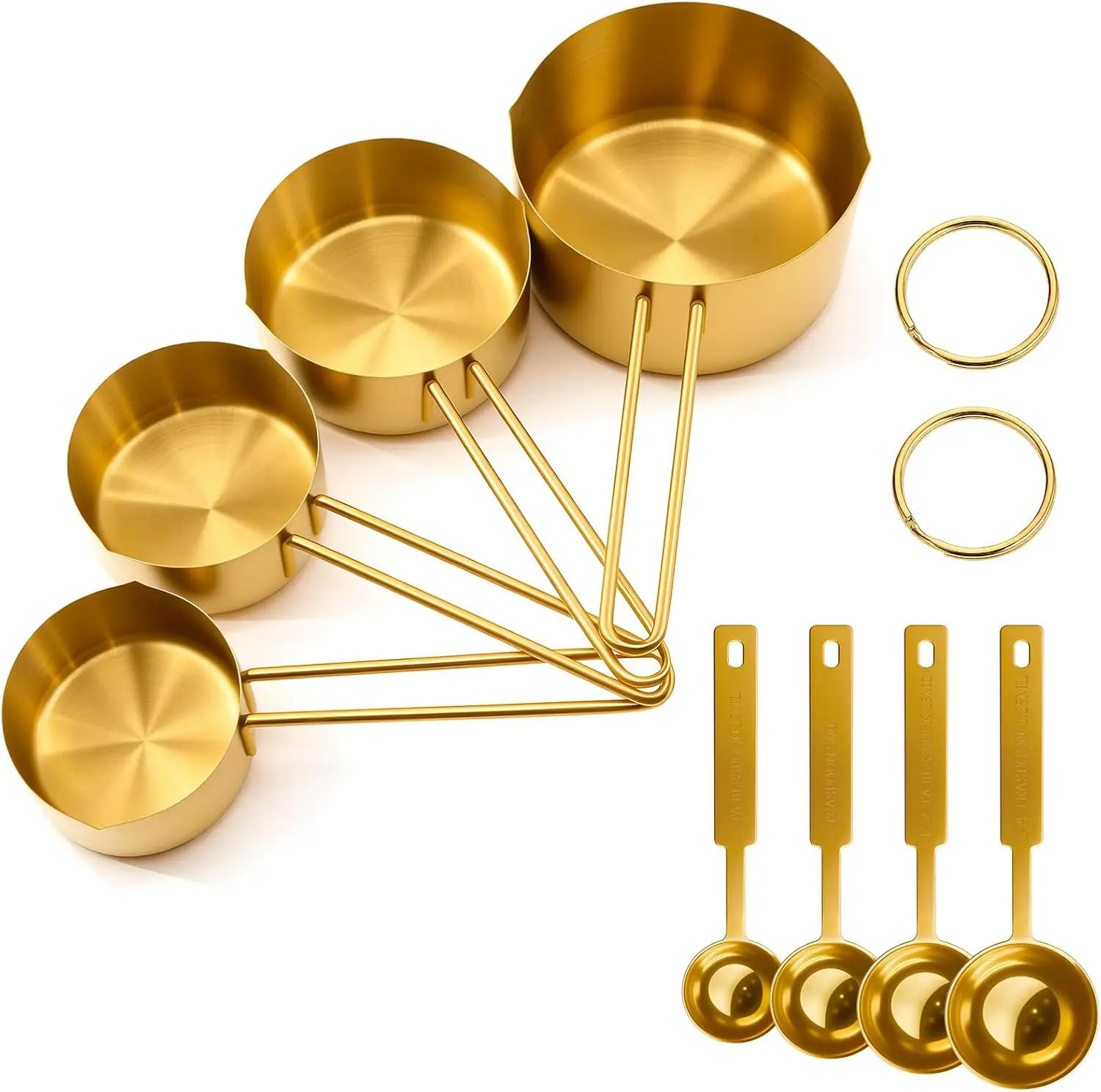 8-Piece Gold Metal Kitchen Utensils Set with Multi-Size Stainless Steel Measuring Cups and Spoons - 1 Cup, 1 Tablespoon, Durable, Stackable, Accurate Scales for Home Baking, Cooking Preparation