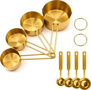 8-Piece Gold Metal Kitchen Utensils Set with Multi-Size Stainless Steel Measuring Cups and Spoons - 1 Cup, 1 Tablespoon, Durable, Stackable, Accurate Scales for Home Baking, Cooking Preparation