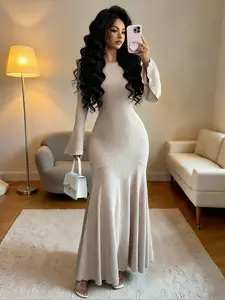 Elegant Feminine Plus Size Women's Asymmetrical Mermaid Skirt Dress, Elastic Slim Fit, Ruffle Sleeve, Spring & Fall Fashion, Casual Wear