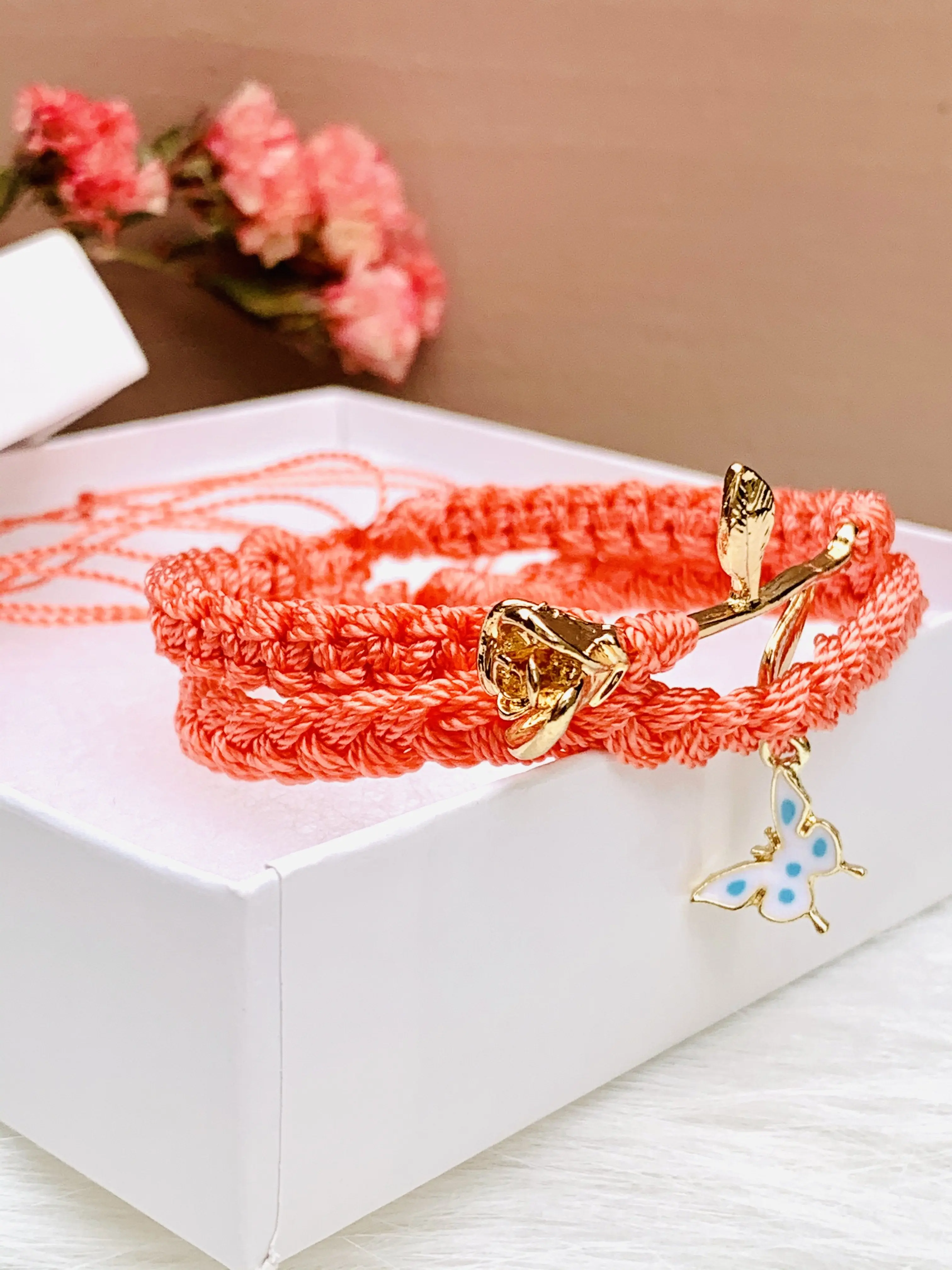 Handmade Butterfly-Rose Bracelet Set for Women, 2-Piece Adjustable Coral Yarn Jewelry, Made in USA, Handmade Jewelry, Two-Pieces