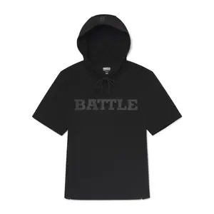 Battle Brand Black Short Sleeve Hoodie - Breathable Stretch Cotton with High Neck Hood & Full Pouch - 3D Logo on Chest & Hood - True to Size